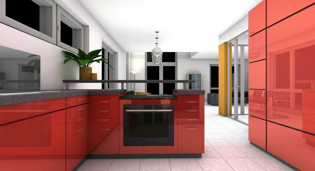 Ultra-modern kitchen with shiny red cabinets, black countertop, built-in oven, cooktop and a built-in microwave.