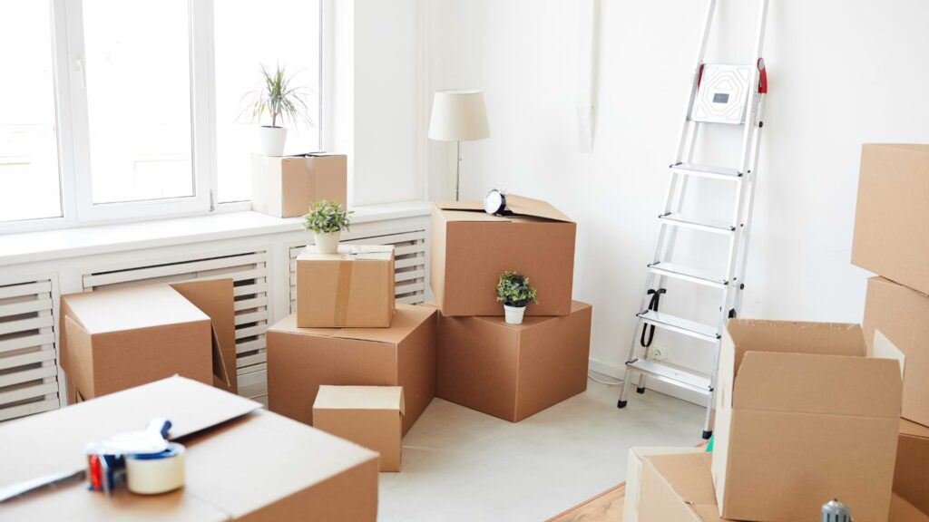 A room full of packed boxes.