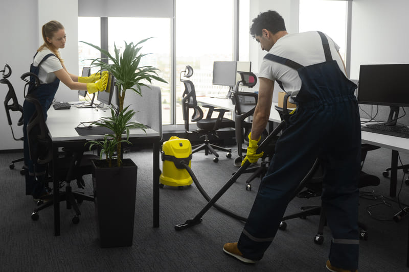 Two commercial cleaners are cleaning the office space; one vacuums while the other wipes the glass surface.